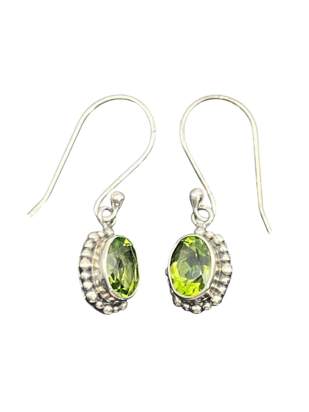 Green faceted oval stone beaded edge sterling silver dangle earrings